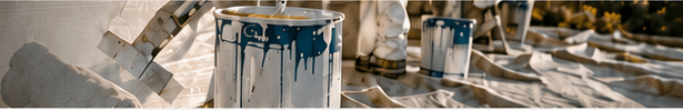 Paint cans and drop cloths set out while a crew works